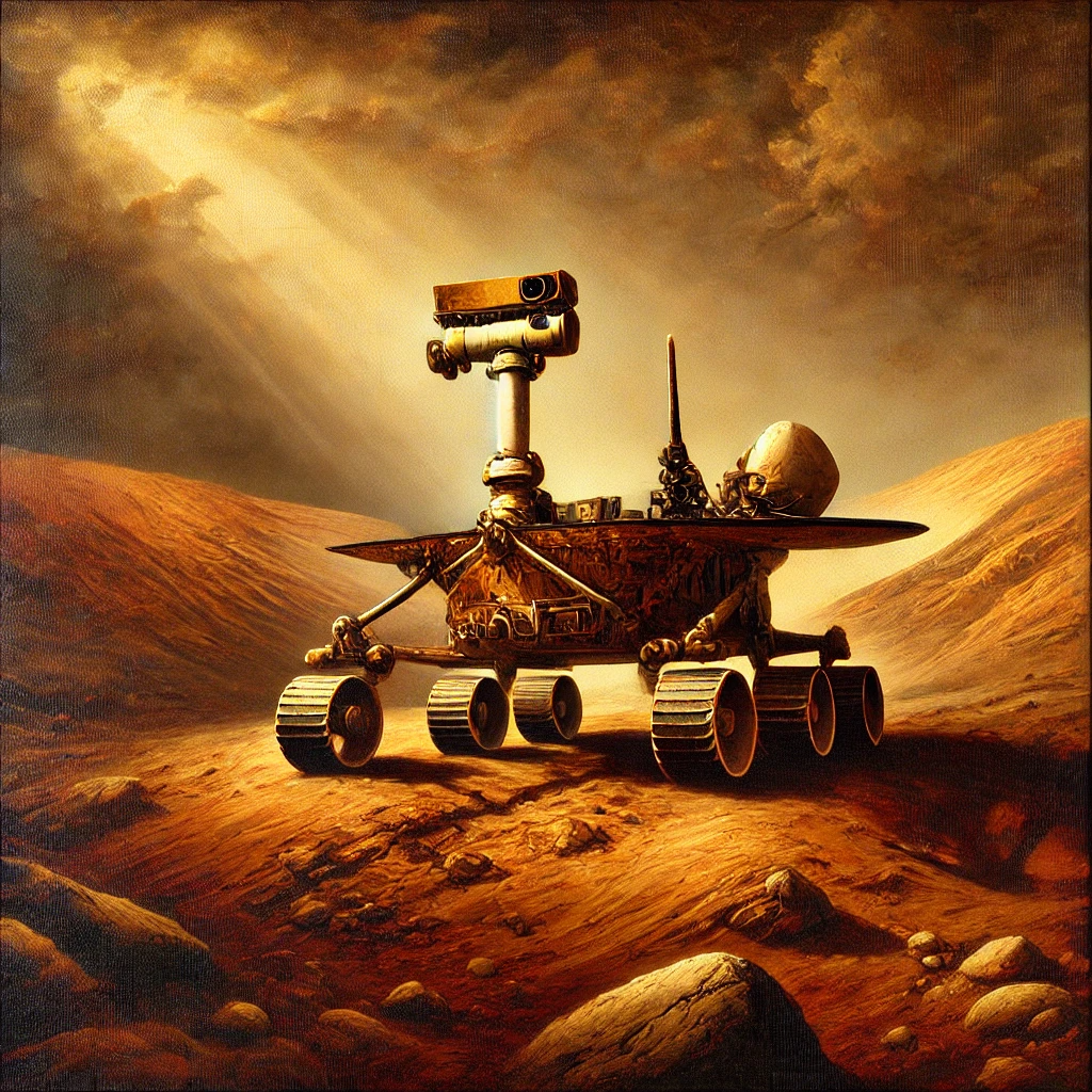 DALL·E 2024-09-12 15.23.45 - A Renaissance-style painting depicting a Mars rover. The scene uses chiaroscuro lighting, with dramatic contrasts of light and shadow. The rover is pl.png